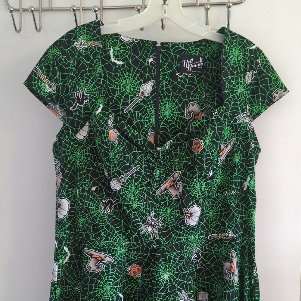 Hell Bunny Black and Green Web Print Dress, XL